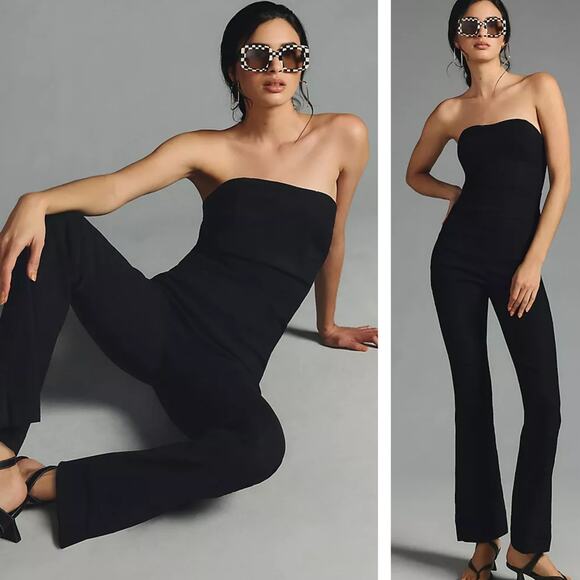 ANTHROPOLOGIE x MAEVE Strapless Slim Flare Jumpsuit Black Sz 10 NWT $178 {JJ11} - Picture 1 of 2